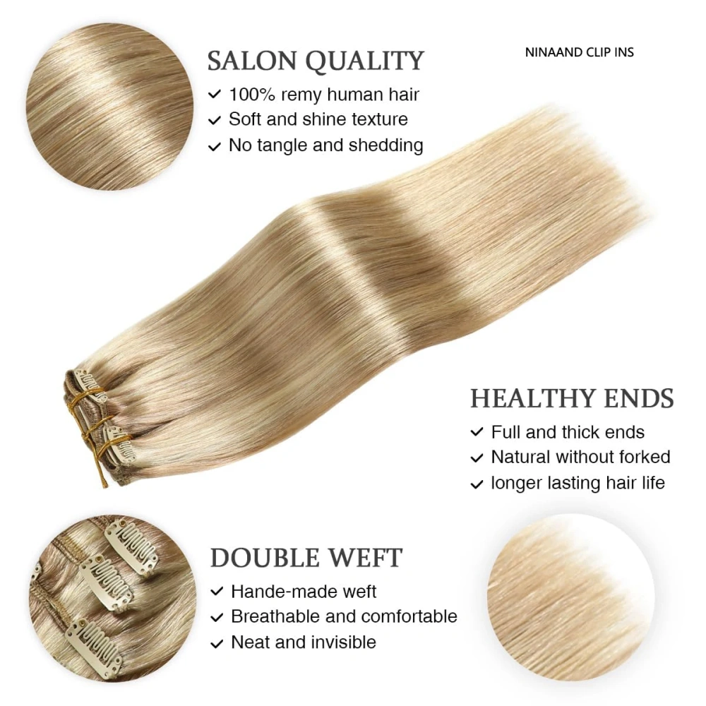 8 pcs Highlight Blonde P18/ 613# Straight Clip In Hair Extension Human  Full Head 100g/Set Seamless Virgin Remy Human Hair Extensions