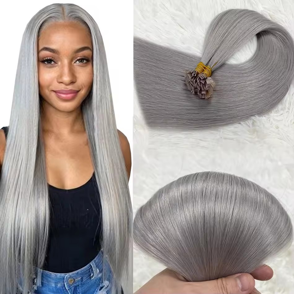 Silver #  Flat Tip Hair Extensions Keratin Human Hair 100g Virgin Remy Human Fusion Hair Extensions 12 -30inch