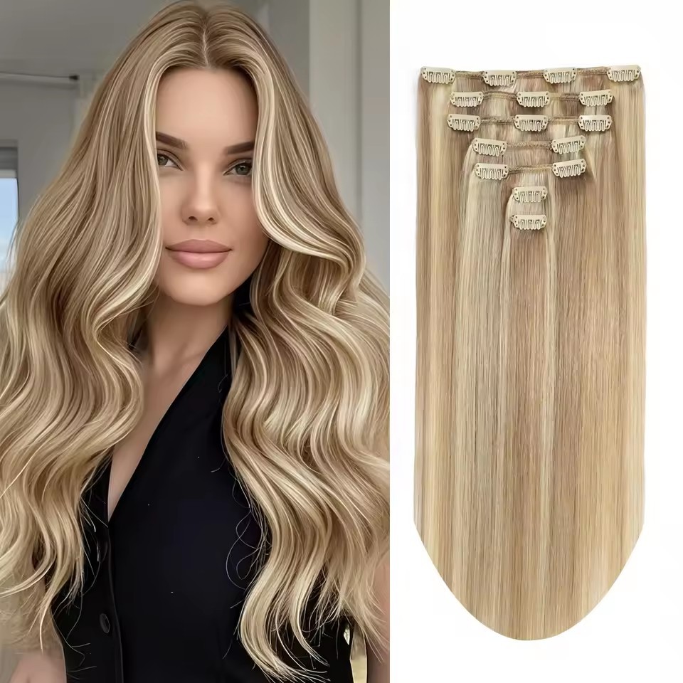 8 pcs Highlight Blonde P18/ 613# Straight Clip In Hair Extension Human  Full Head 100g/Set Seamless Virgin Remy Human Hair Extensions