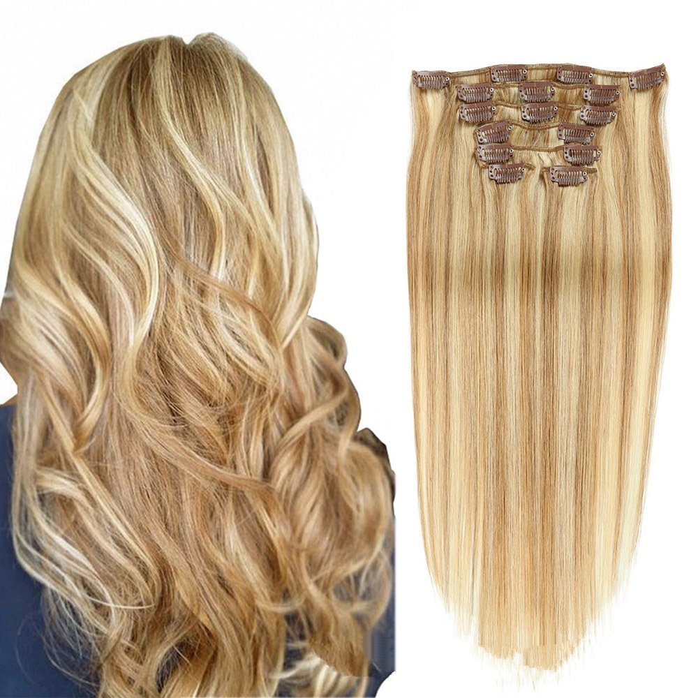 8 pcs Highlight Blonde P27/ 613# Straight Clip In Hair Extension Human  Full Head 100g/Set Seamless Virgin Remy Human Hair Extensions