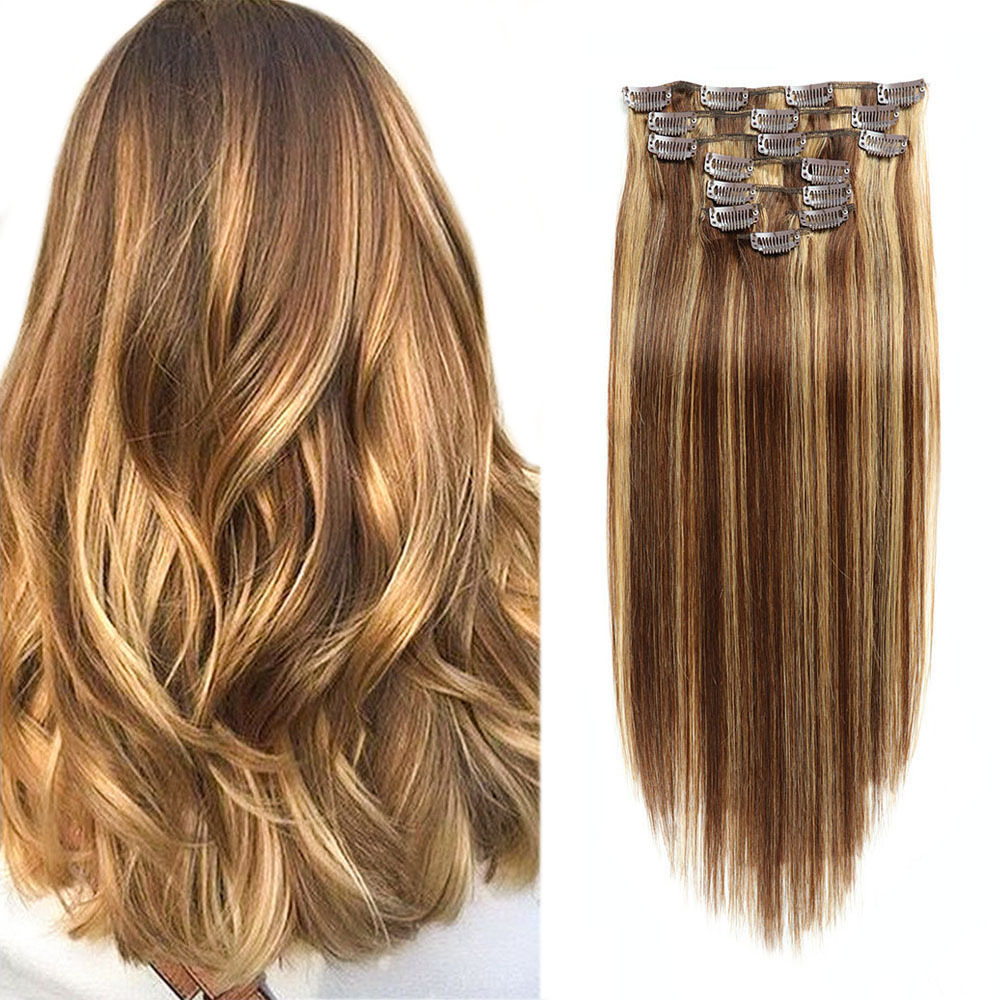 8 pcs  P4/27 Highlight  Straight Clip In Hair Extension Human  Full Head 100g/Set Seamless Virgin Remy Human Hair Extensions