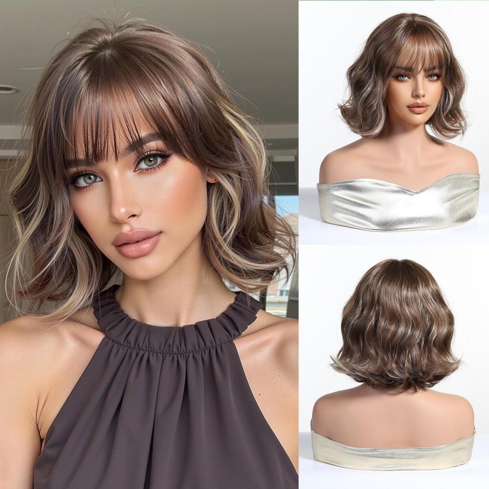 Medium Golden Synthetic Wig with Bangs Natural Layered Rose Golden Wigs for Women Party Cosplay Use Wig
