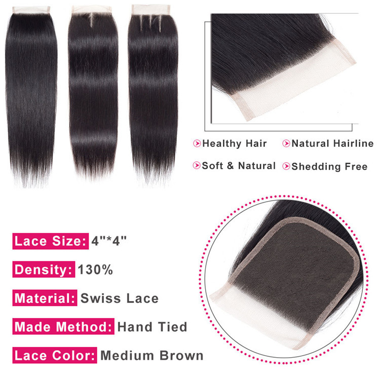 Natural Straight 3 Hair Bundles With closure  remy l Human Hair 3  Bundles With Closure Brazilian Hair Weave Bundles