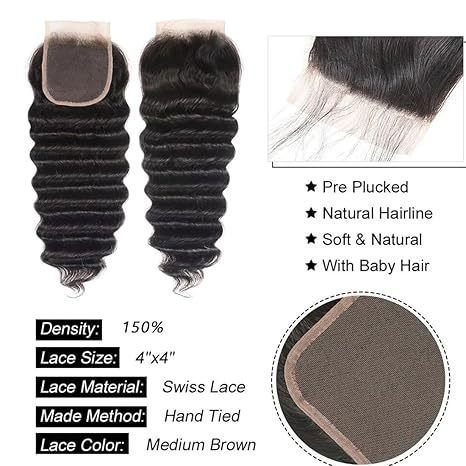 10A deep wave Brazilian Hair 3 Bundles with lace closure natural Virgin Human Hair Weave Extension