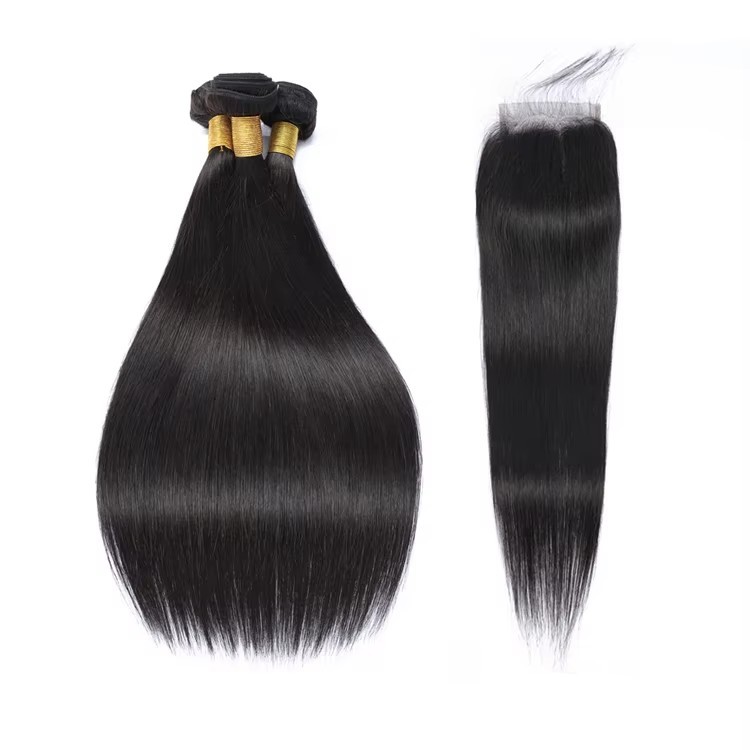 Natural Straight 4x4 Lace Closure With  3 Bundles Peruvian Raw Human Hair Weave Bundles With  Lace Closure