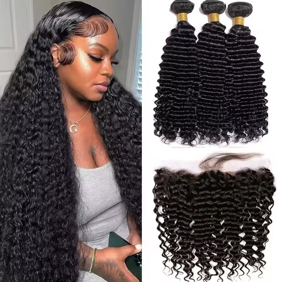 Natural Deep Wave Brazilian Virgin Water Wave 3 Bundles With Frontal 13x4 Ear To Ear Lace Frontal Human Hair With Frontal For Women
