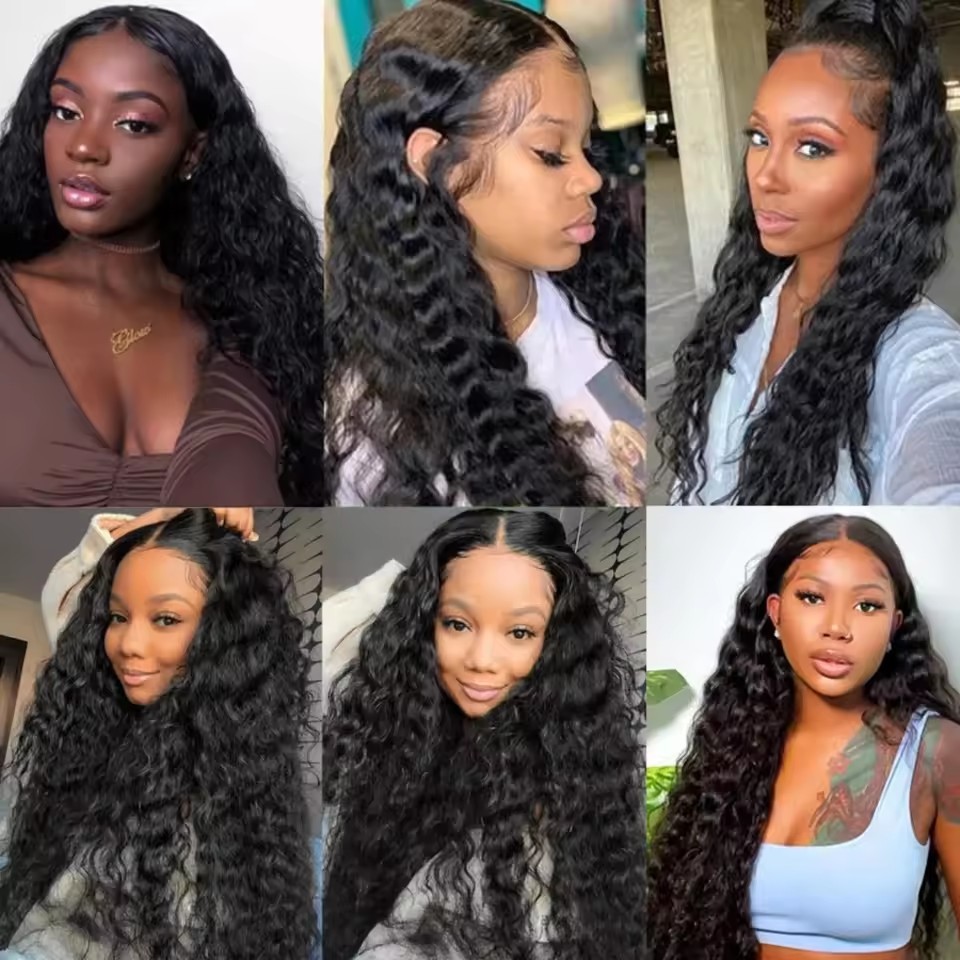 10A Deep Wave Bundles With Frontal Natural Black  Human Hair Bundles With Frontal 13x4 Lace Brazilian Real Hair For Black Women