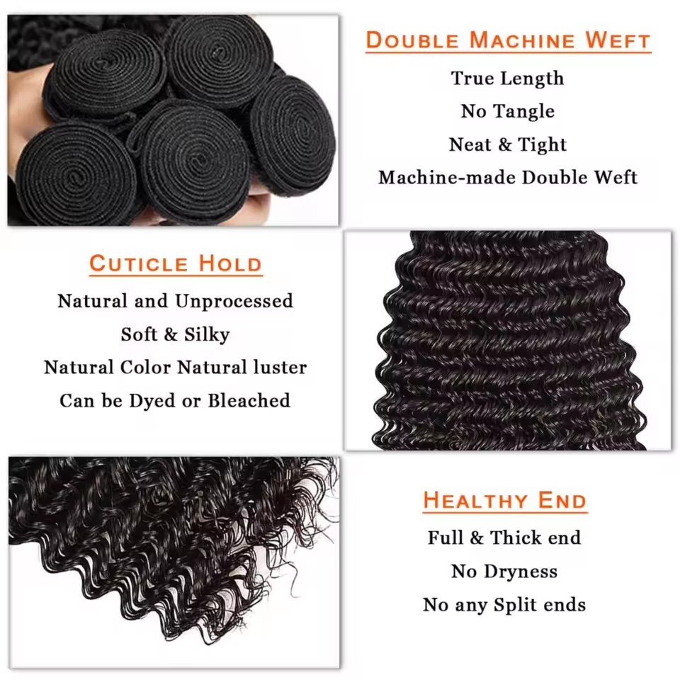 10A Deep Wave Bundles With Frontal Natural Black  Human Hair Bundles With Frontal 13x4 Lace Brazilian Real Hair For Black Women