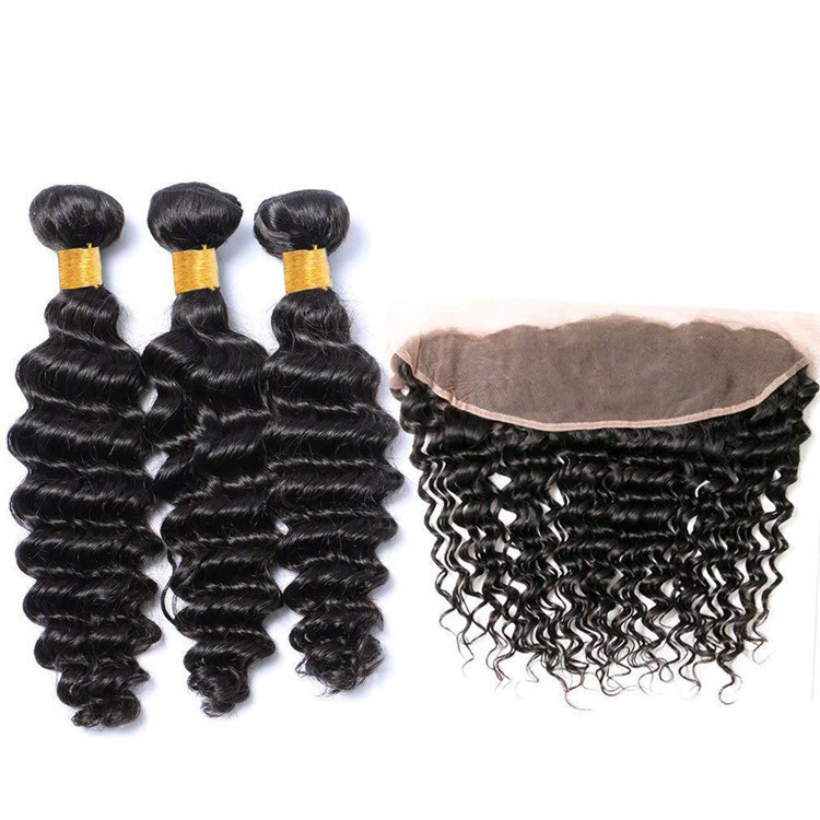 Natural Deep Wave Brazilian Virgin Water Wave 3 Bundles With Frontal 13x4 Ear To Ear Lace Frontal Human Hair With Frontal For Women