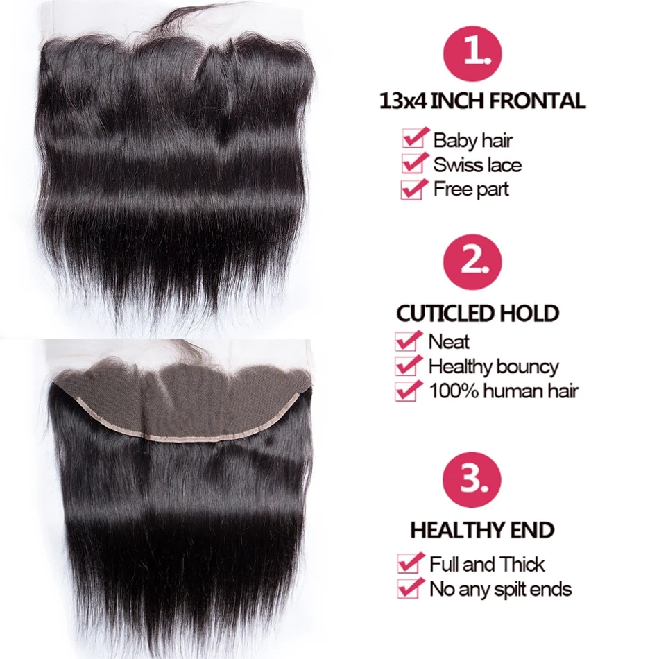 Natural 100% Human Hair Bundles With 13x4 Lace Frontal Brazilian Straight Hair Weft 3 Bundles Hair  Weft Extension