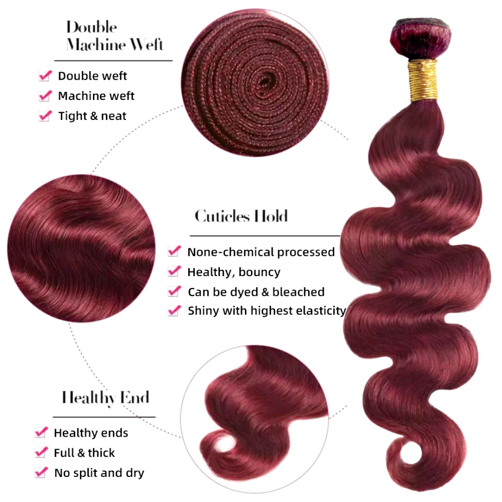 Burgundy Wave Straight Remy Human Hair Bundles 100% Human Hair  Weft  Remy Hair Weft Extension
