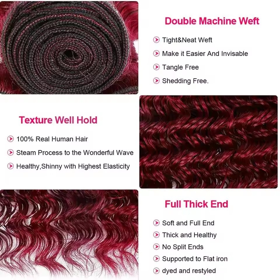 3 bundles Brazilian Burgundy 99J Colored Human Hair Bundles Deep Wave Bundles Human Hair Unprocessed Virgin Hair Weave