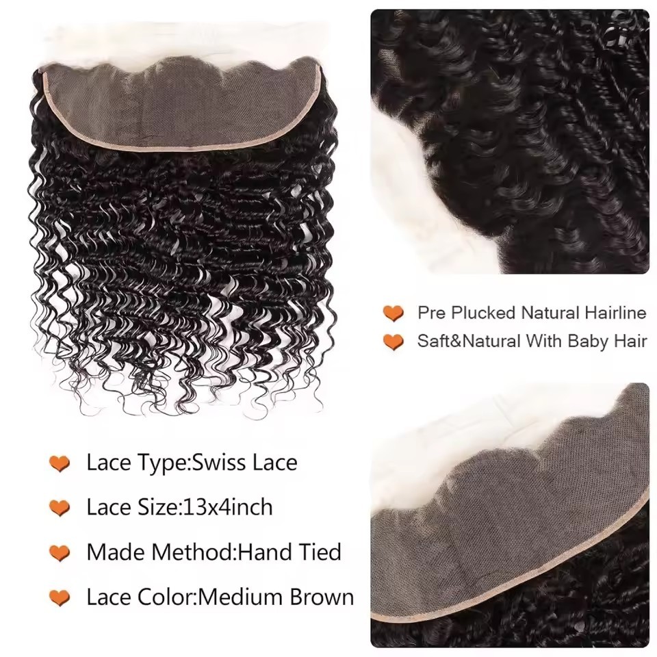 10A Deep Wave Bundles With Frontal Natural Black  Human Hair Bundles With Frontal 13x4 Lace Brazilian Real Hair For Black Women