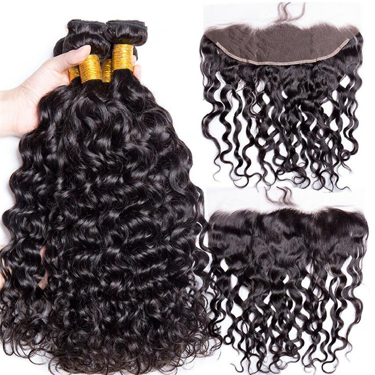 Natural Water Wave Peruvian  Virgin Water Wave 3 Bundles With Frontal 13x4 Ear To Ear Lace Frontal Human Hair With Frontal For Women