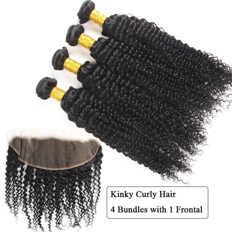 Natural Kinky Curly Hair  Bundles With Frontal 13x4 Lace Brazilian Remy Hair Bundles for Black Women