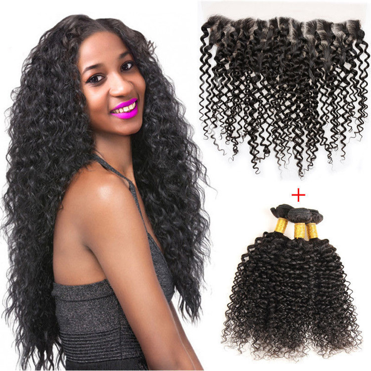 Natural Kinky Curly Hair  Bundles With Frontal 13x4 Lace Brazilian Remy Hair Bundles for Black Women