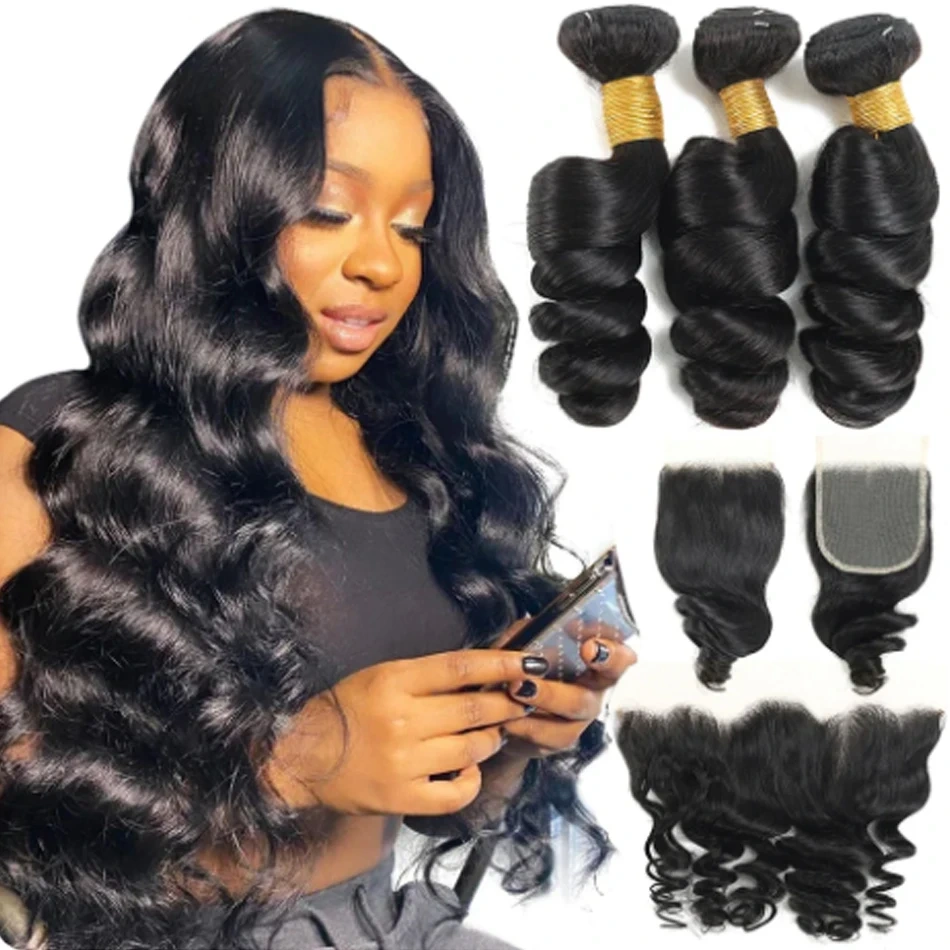 Natural Loose Human Hair 3  Bundles With Lace Frontal 13x4  Remy Hair 3  Bundles With Frontal Raw Human Hair Extension
