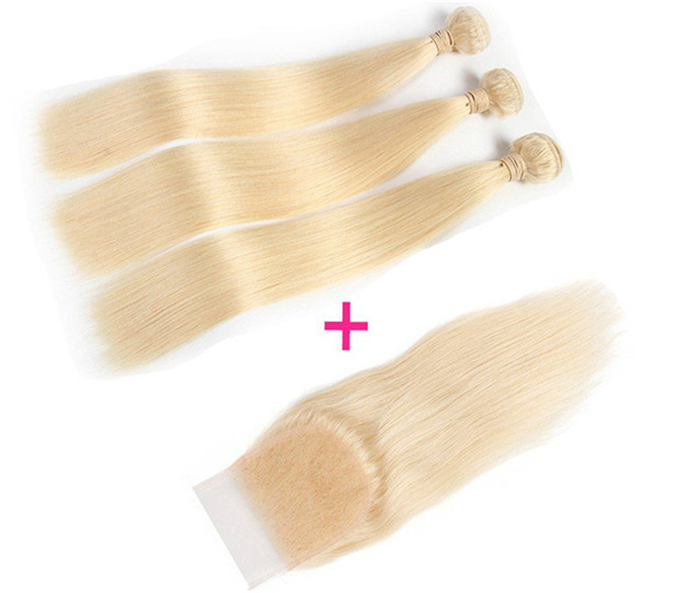 Straight  3 Bundles 613 Blonde Remy Hair Bundles With  4x4 Closure Blonde Human Hair Bundles With Closure