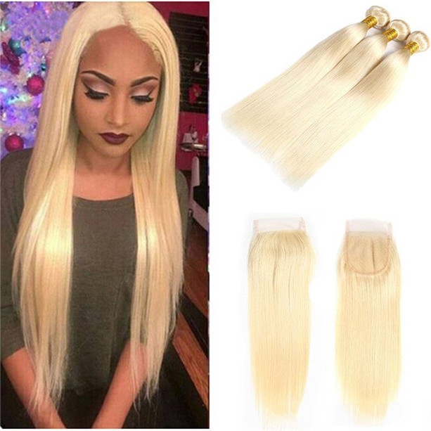 Straight  3 Bundles 613 Blonde Remy Hair Bundles With  4x4 Closure Blonde Human Hair Bundles With Closure