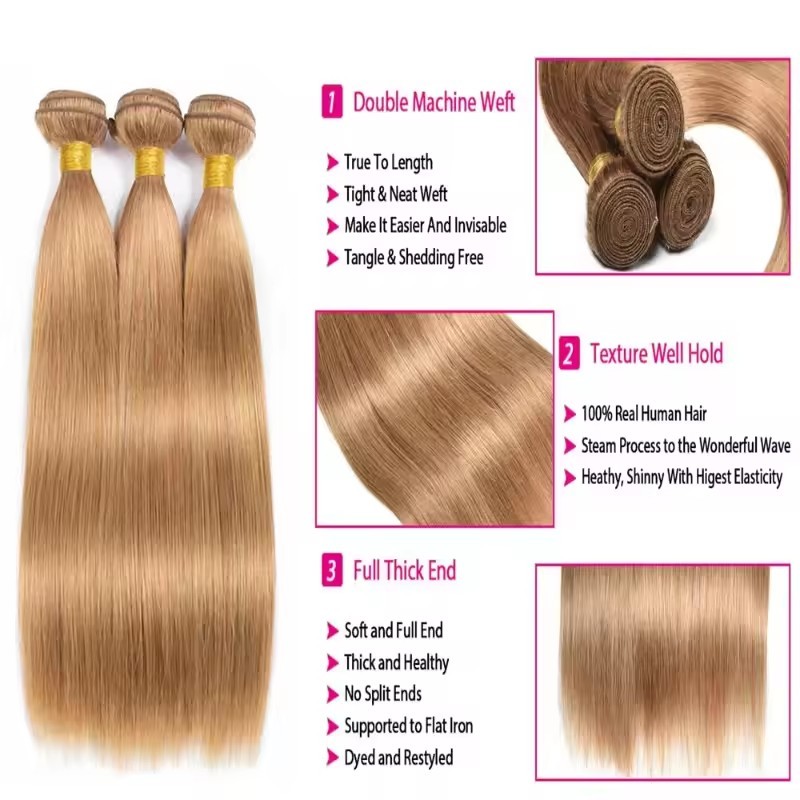 #27 Honey Blonde Bone Straight Human Hair Highlight Bundles Remy Virgin Raw Hair Weave Extensions