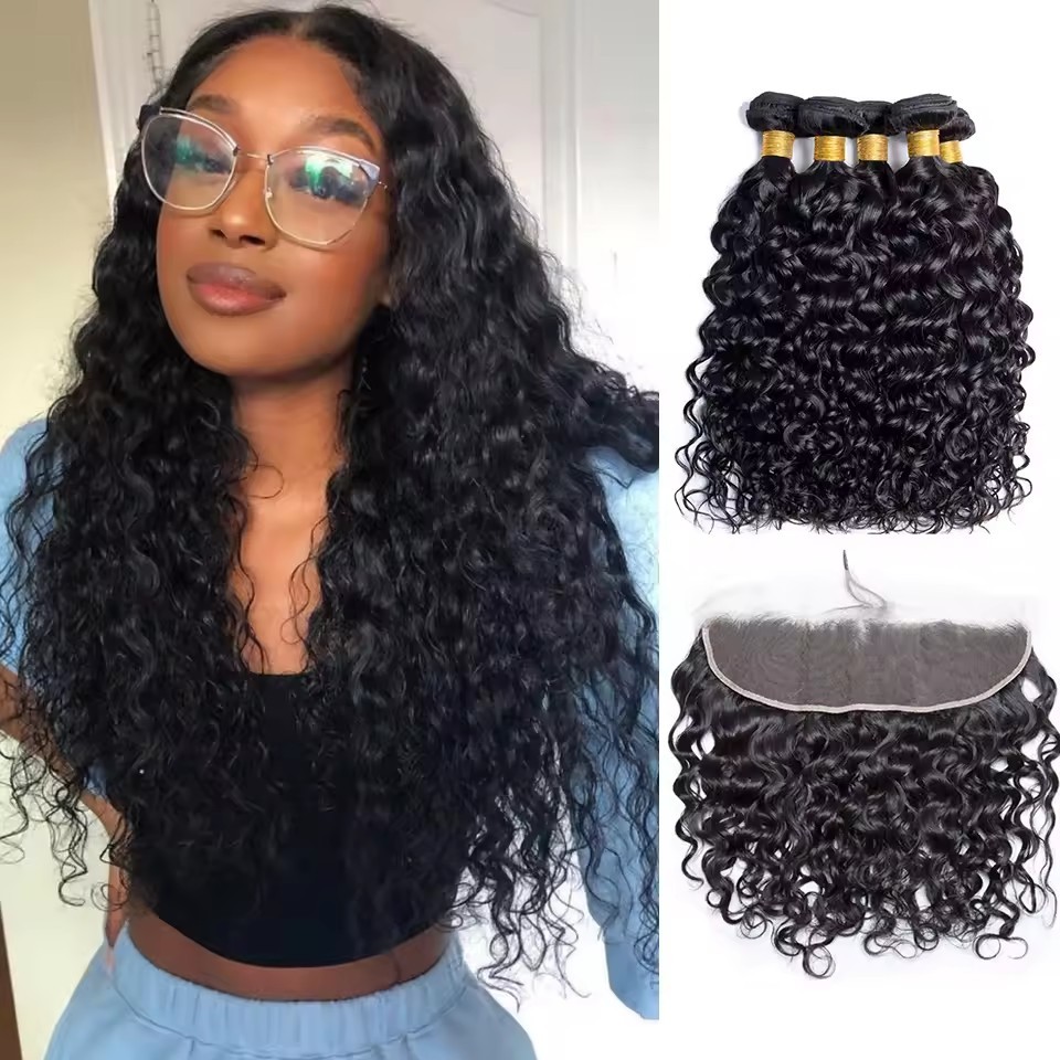 Natural Brazilian Water Wave Human Hair Weave Bundles With Lace Frontal Remy Hair 3  Bundles With Closure Raw Human Hair Extension