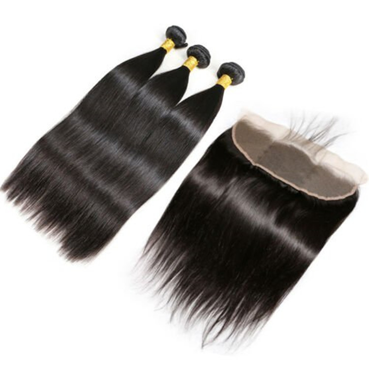 Natural 100% Human Hair Bundles With 13x4 Lace Frontal Brazilian Straight Hair Weft 3 Bundles Hair  Weft Extension