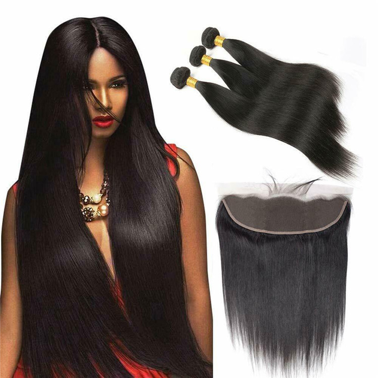Natural 100% Human Hair Bundles With 13x4 Lace Frontal Brazilian Straight Hair Weft 3 Bundles Hair  Weft Extension