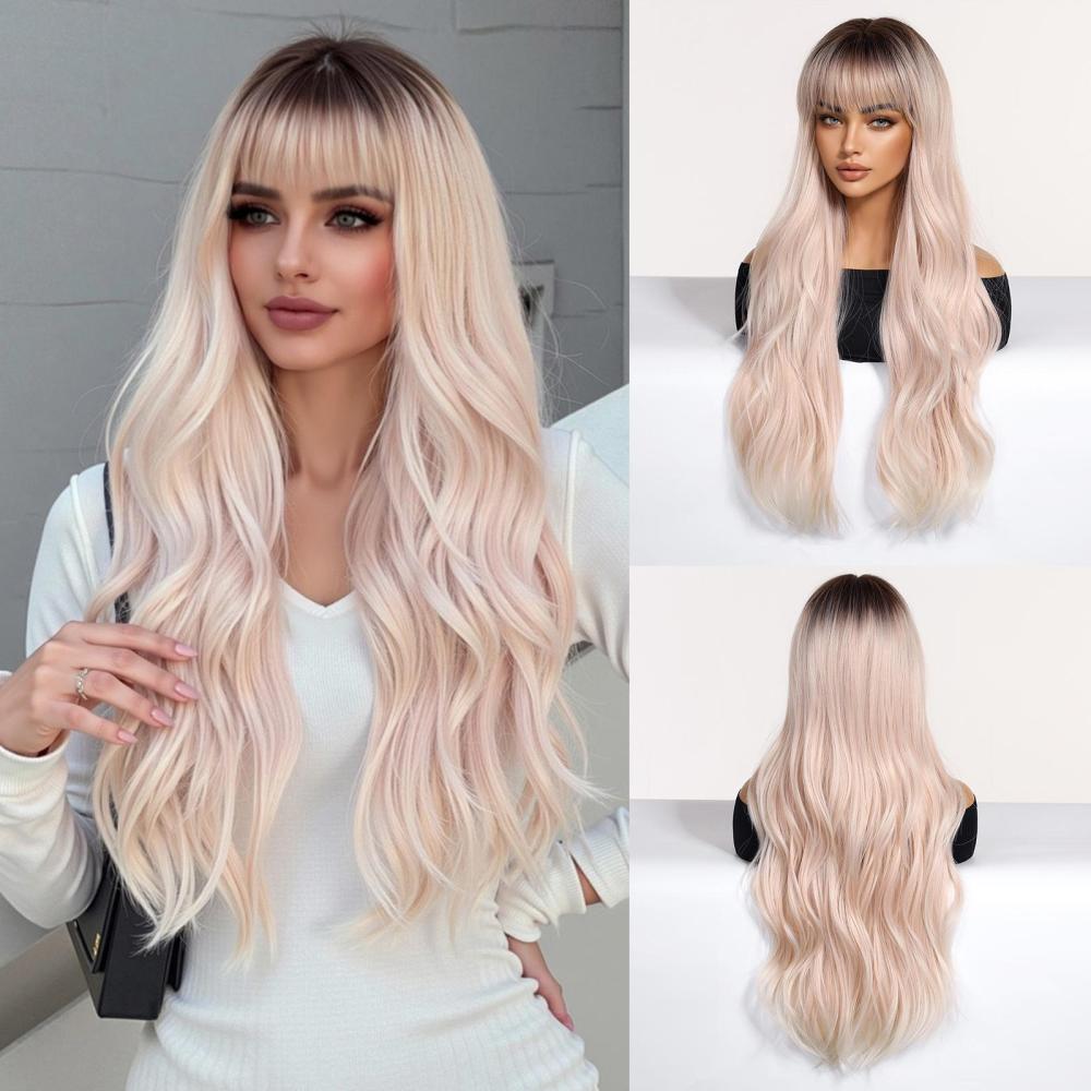 Long Synthetic Layered Wig  Rose Gold Straight Wigs with Bangs Blonde Cosplay Party Natural Hair Wigs for Women Heat Resistant