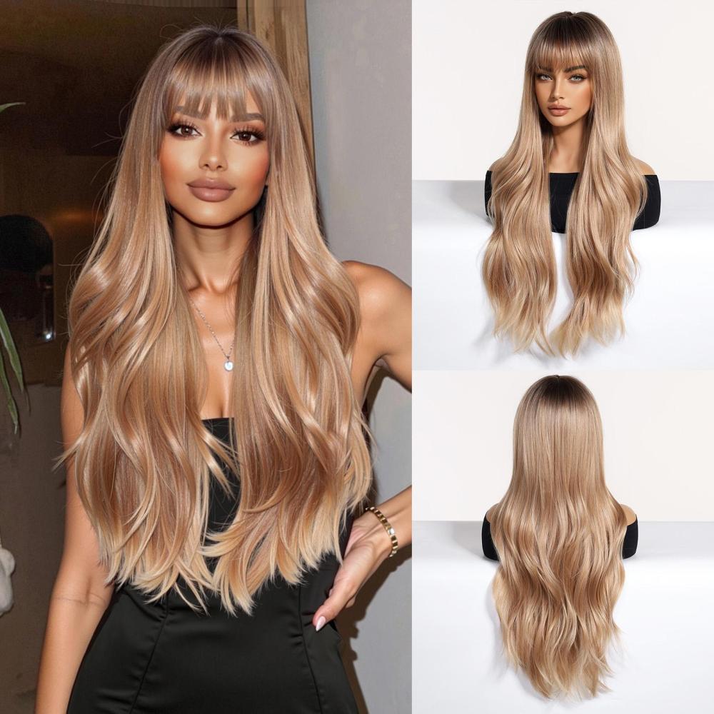 Long Synthetic Layered Wig  Rose Gold Straight Wigs with Bangs Blonde Cosplay Party Natural Hair Wigs for Women Heat Resistant