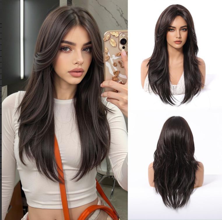 Long Synthetic Layered Wig  Rose Gold Straight Wigs with Bangs Blonde Cosplay Party Natural Hair Wigs for Women Heat Resistant