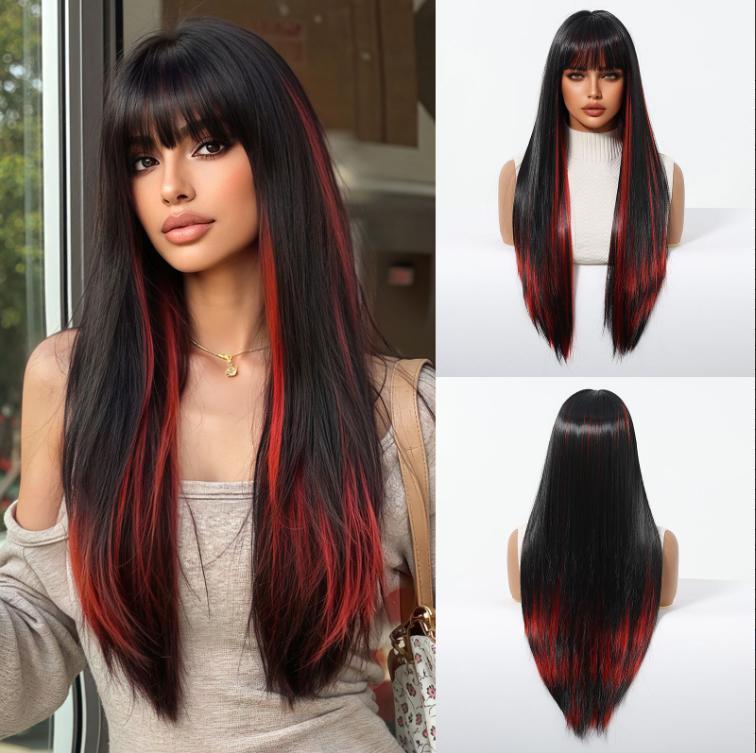 Straight Synthetic Layered Wig  Machine Made Fiber Wigs with Bangs Blonde Cosplay Party Wigs for Women Heat Resistant Wigs