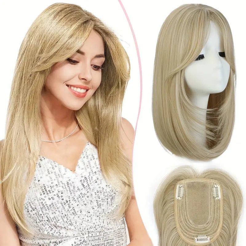 16 inch Straight Synthetic Topper With Hair Bangs Synthetic Hair Clip In Hair Extensions For Woman  Thin Hair
