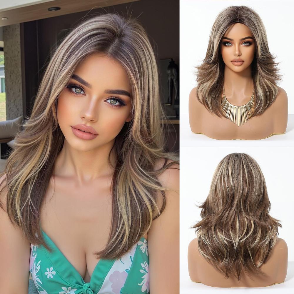 Straight Synthetic Layered Wig  Machine Made Fiber Wigs with Bangs Blonde Cosplay Party Wigs for Women Heat Resistant Wigs