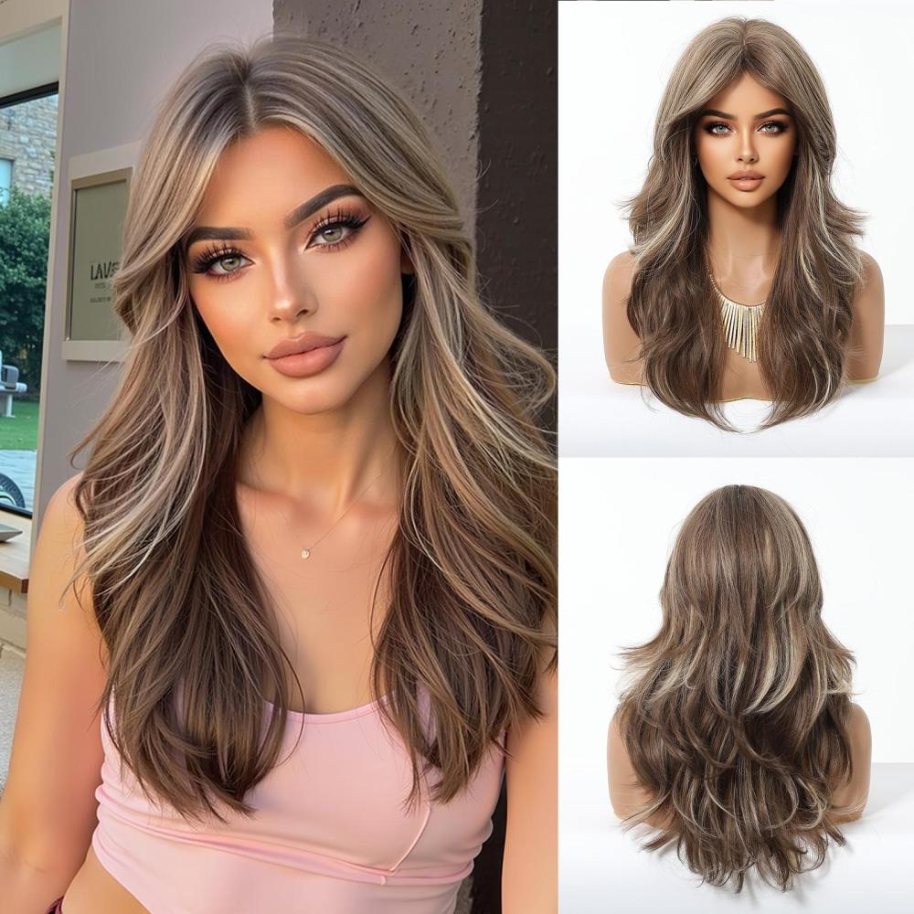 Straight Synthetic Layered Wig  Machine Made Fiber Wigs with Bangs Blonde Cosplay Party Wigs for Women Heat Resistant Wigs