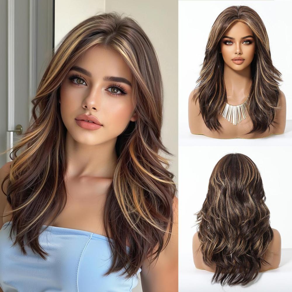 Straight Synthetic Layered Wig  Machine Made Fiber Wigs with Bangs Blonde Cosplay Party Wigs for Women Heat Resistant Wigs