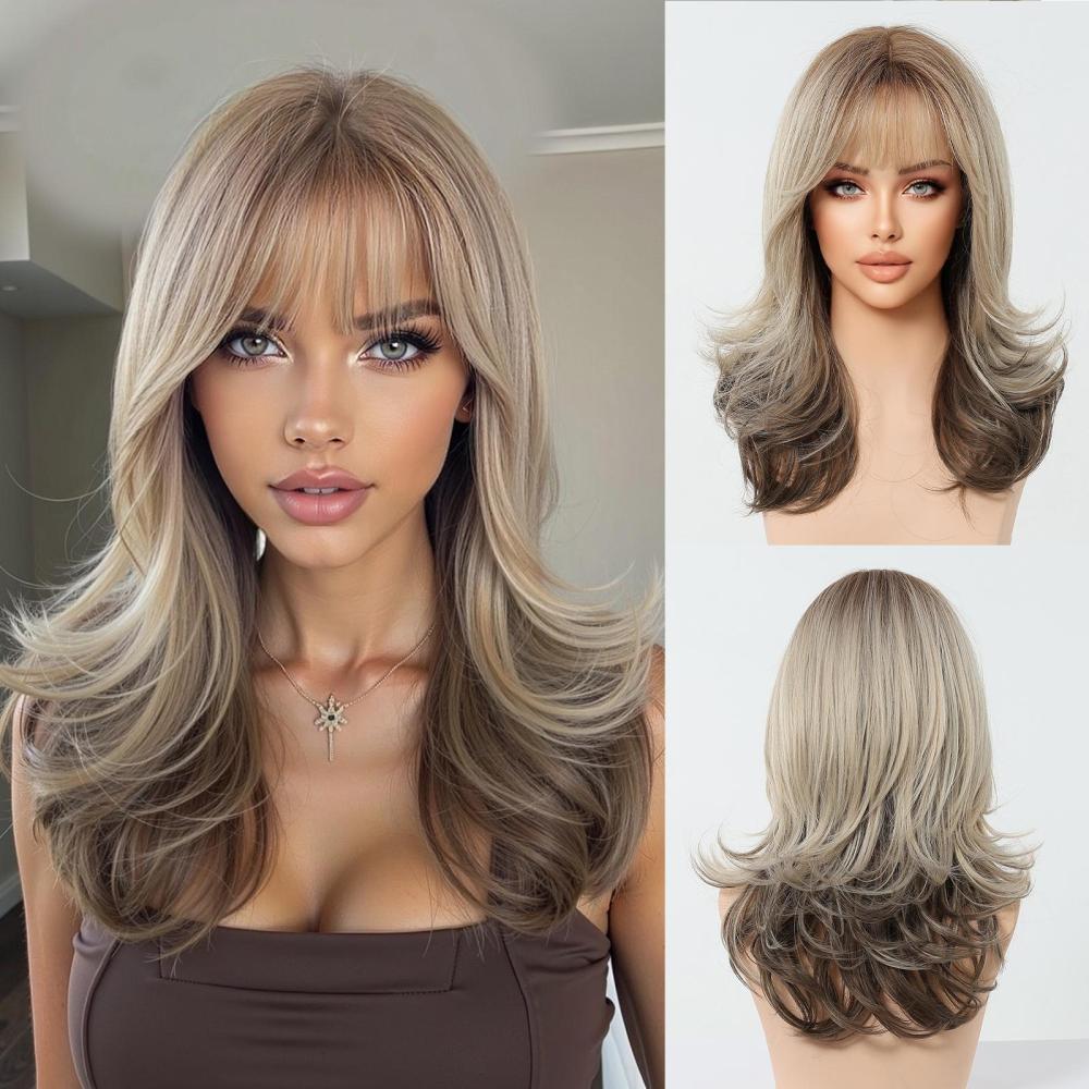 Straight Synthetic Layered Wig  Machine Made Fiber Wigs with Bangs Blonde Cosplay Party Wigs for Women Heat Resistant Wigs