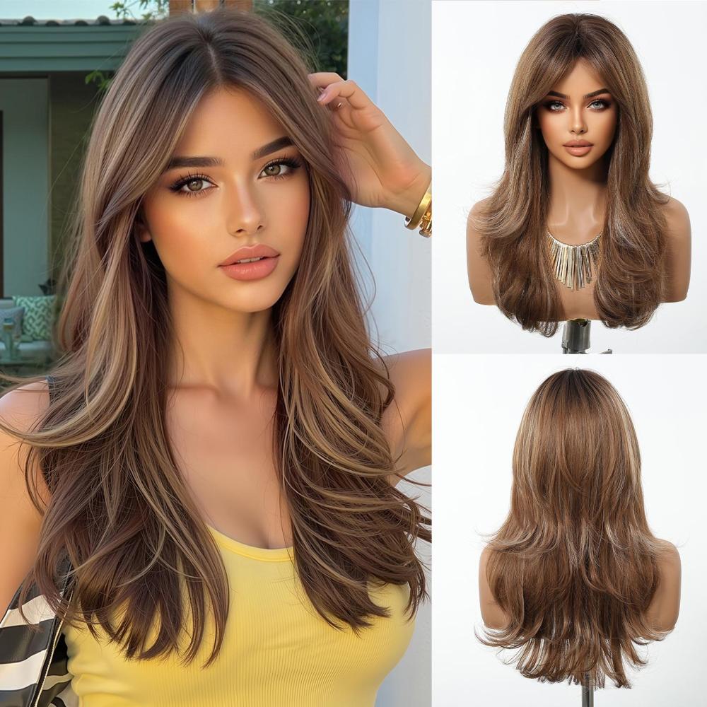 Straight Synthetic Layered Wig  Machine Made Fiber Wigs with Bangs Blonde Cosplay Party Wigs for Women Heat Resistant Wigs