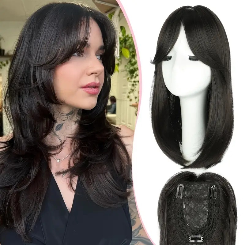 16 inch Straight Synthetic Topper With Hair Bangs Synthetic Hair Clip In Hair Extensions For Woman  Thin Hair