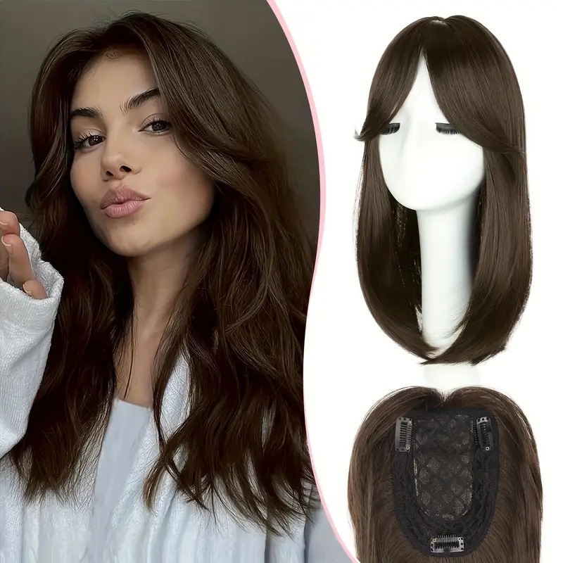16 inch Straight Synthetic Topper With Hair Bangs Synthetic Hair Clip In Hair Extensions For Woman  Thin Hair