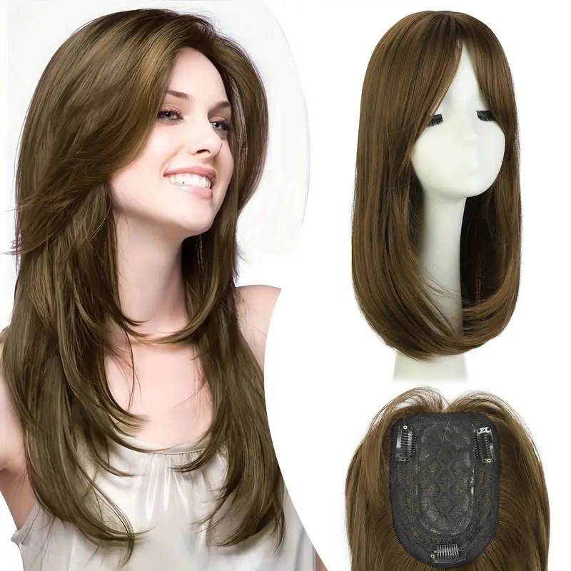 16 inch Straight Synthetic Topper With Hair Bangs Synthetic Hair Clip In Hair Extensions For Woman  Thin Hair