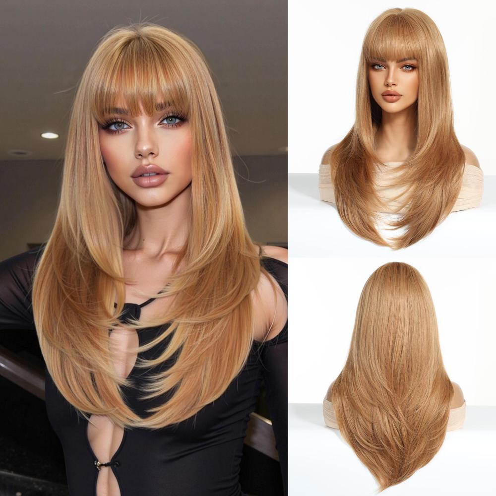Straight Synthetic Layered Wig  Machine Made Fiber Wigs with Bangs Blonde Cosplay Party Wigs for Women Heat Resistant Wigs