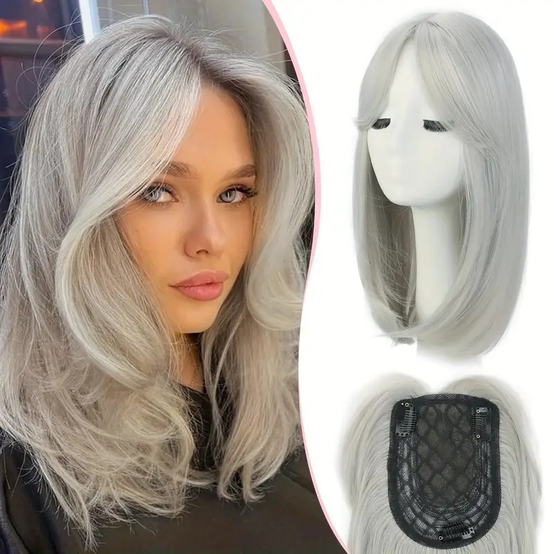 16 inch Straight Synthetic Topper With Hair Bangs Synthetic Hair Clip In Hair Extensions For Woman  Thin Hair