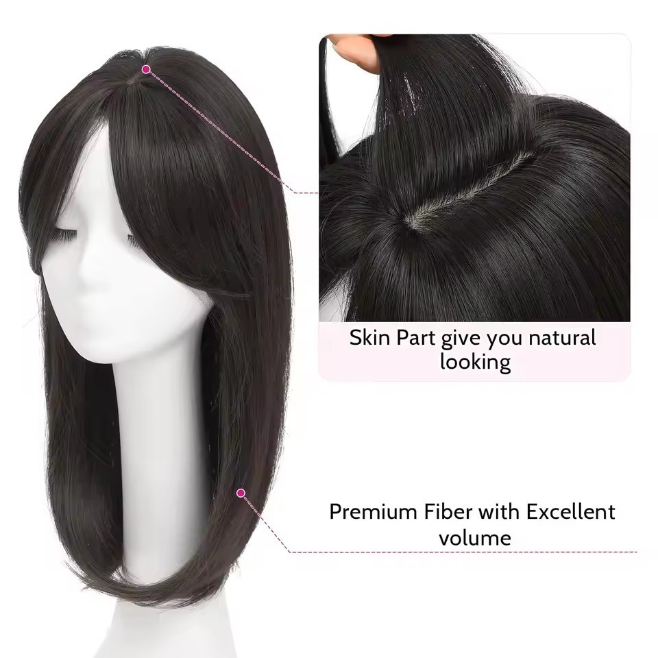 16 inch Straight Synthetic Topper With Hair Bangs Synthetic Hair Clip In Hair Extensions For Woman  Thin Hair