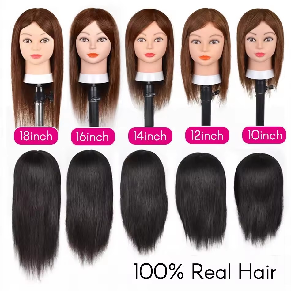100% Human Hair Mannequin Head Natural Black Color Practice Training Model For Hairdresser Professional Can Be Ironed and Dyed