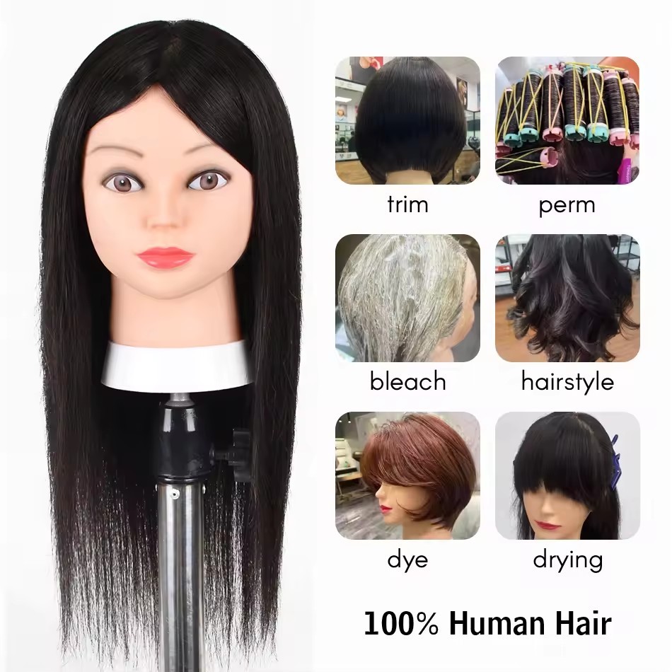 100% Human Hair Mannequin Head Natural Black Color Practice Training Model For Hairdresser Professional Can Be Ironed and Dyed