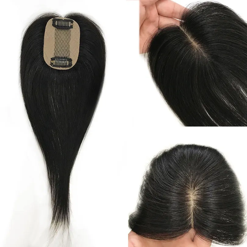 5x8cm Human Hair Women Toppers Natural 2 Clips Silky Straight Human Hair Topper Piece