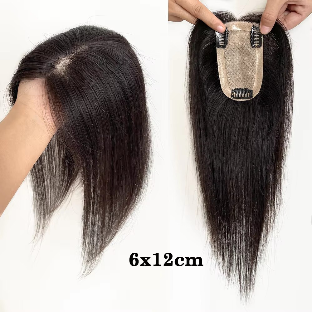 6x12 CM Straight Hair Topper For Women Breathable Silk Base Virgin Human Hair Piece Toupee Cover  Thinning Hair Area