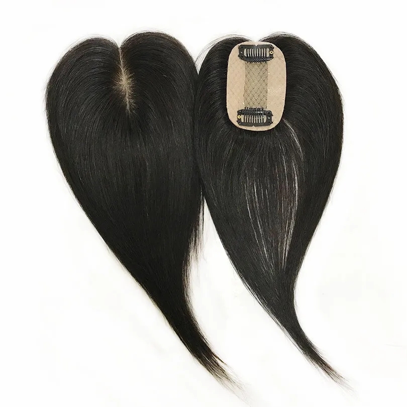 6x9 cm Hand Made Silk Base Women Topper Staight Virgin Human Hair Pieces  Clips In Natural Black Color Toupee