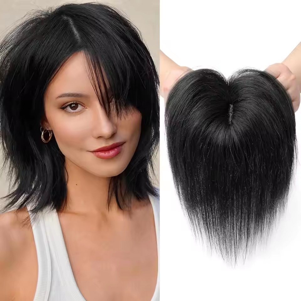 6x9 cm Hand Made Silk Base Women Topper Staight Virgin Human Hair Pieces  Clips In Natural Black Color Toupee