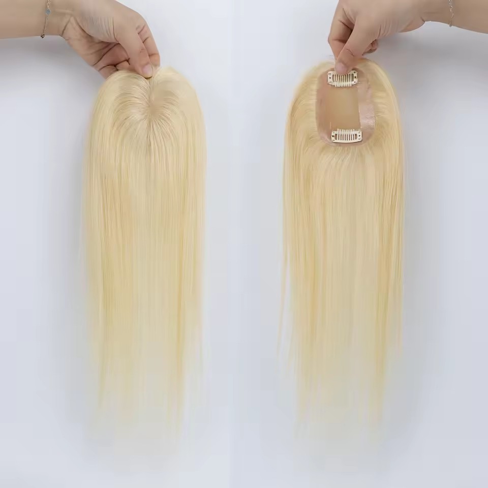 6x9 cm Blonde #613 Silk Base Women Topper Hairpieces for Hair Loss Volume Cover Grey Hair Straight Virgin Human Hair Toppen